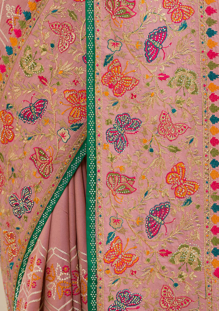 Pink Threadwork Soft Silk Saree