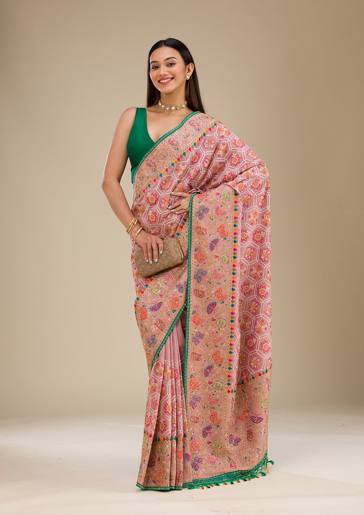 Pink Threadwork Soft Silk Saree