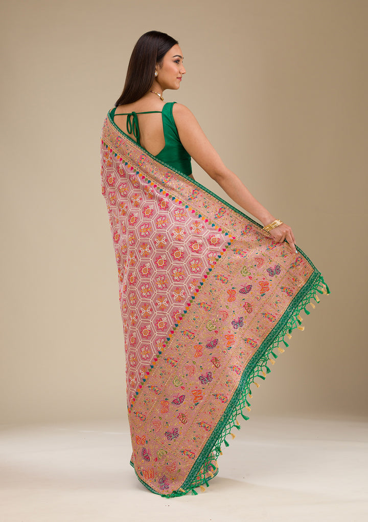 Pink Threadwork Soft Silk Saree