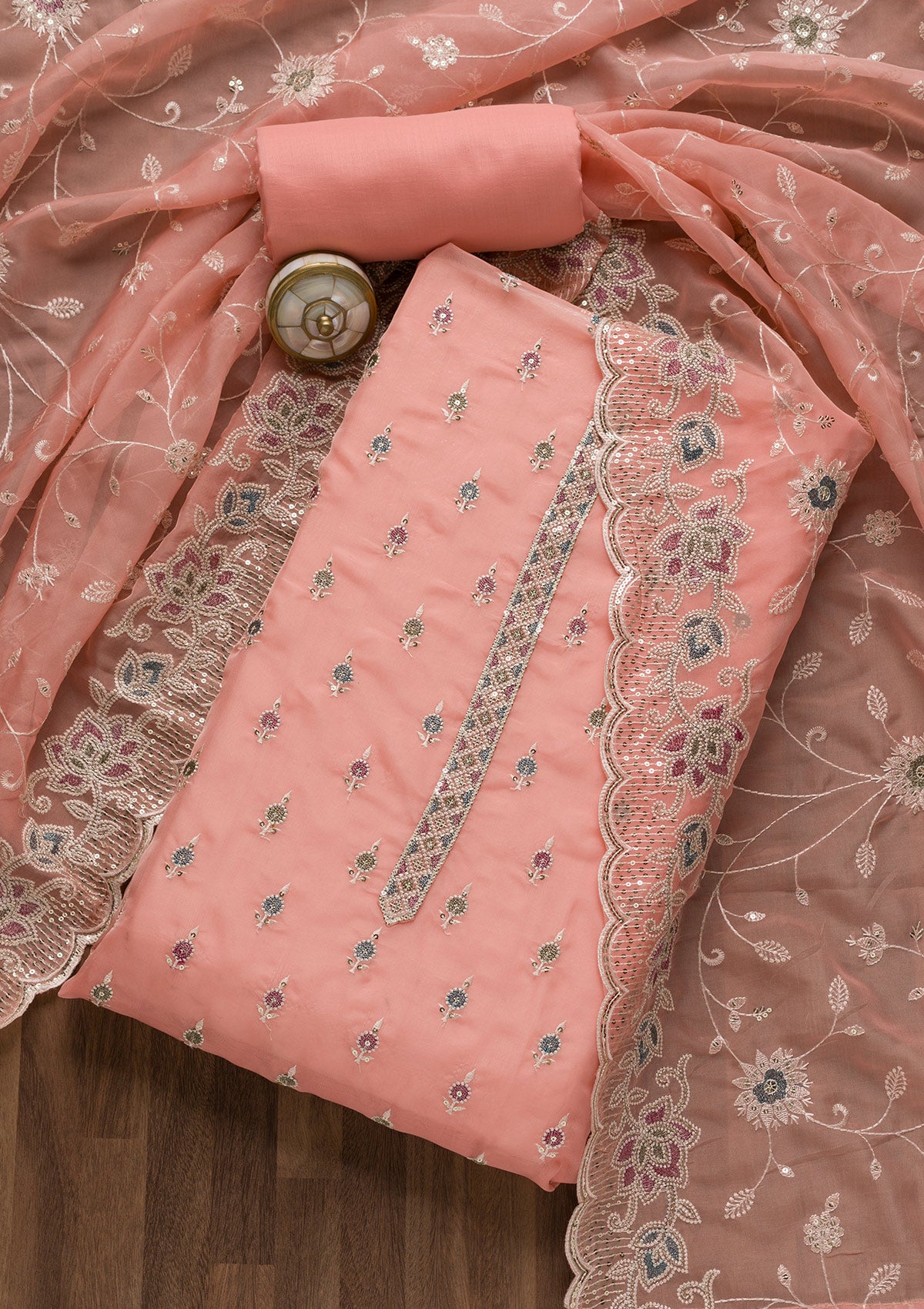Peach Threadwork Tissue Unstitched Salwar Suit