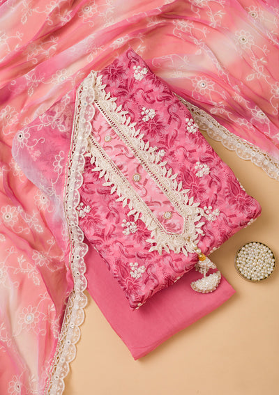 Pink Threadwork Tissue Unstitched Salwar Suit