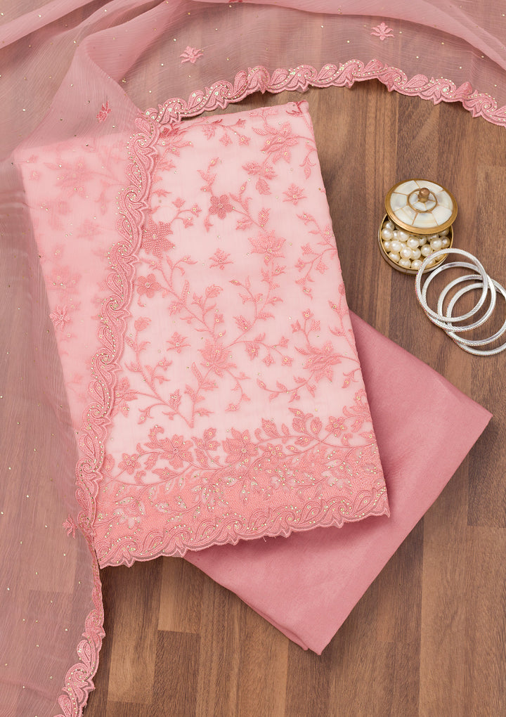 Pink Threadwork Tissue Unstitched Salwar Suit