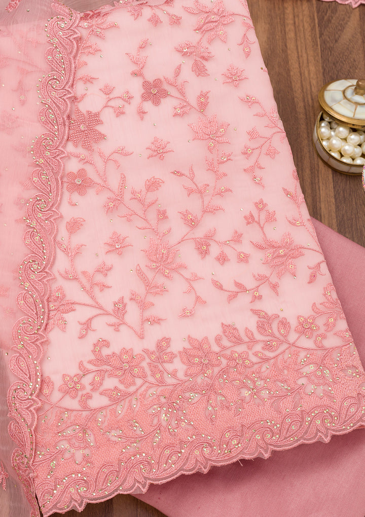 Pink Threadwork Tissue Unstitched Salwar Suit
