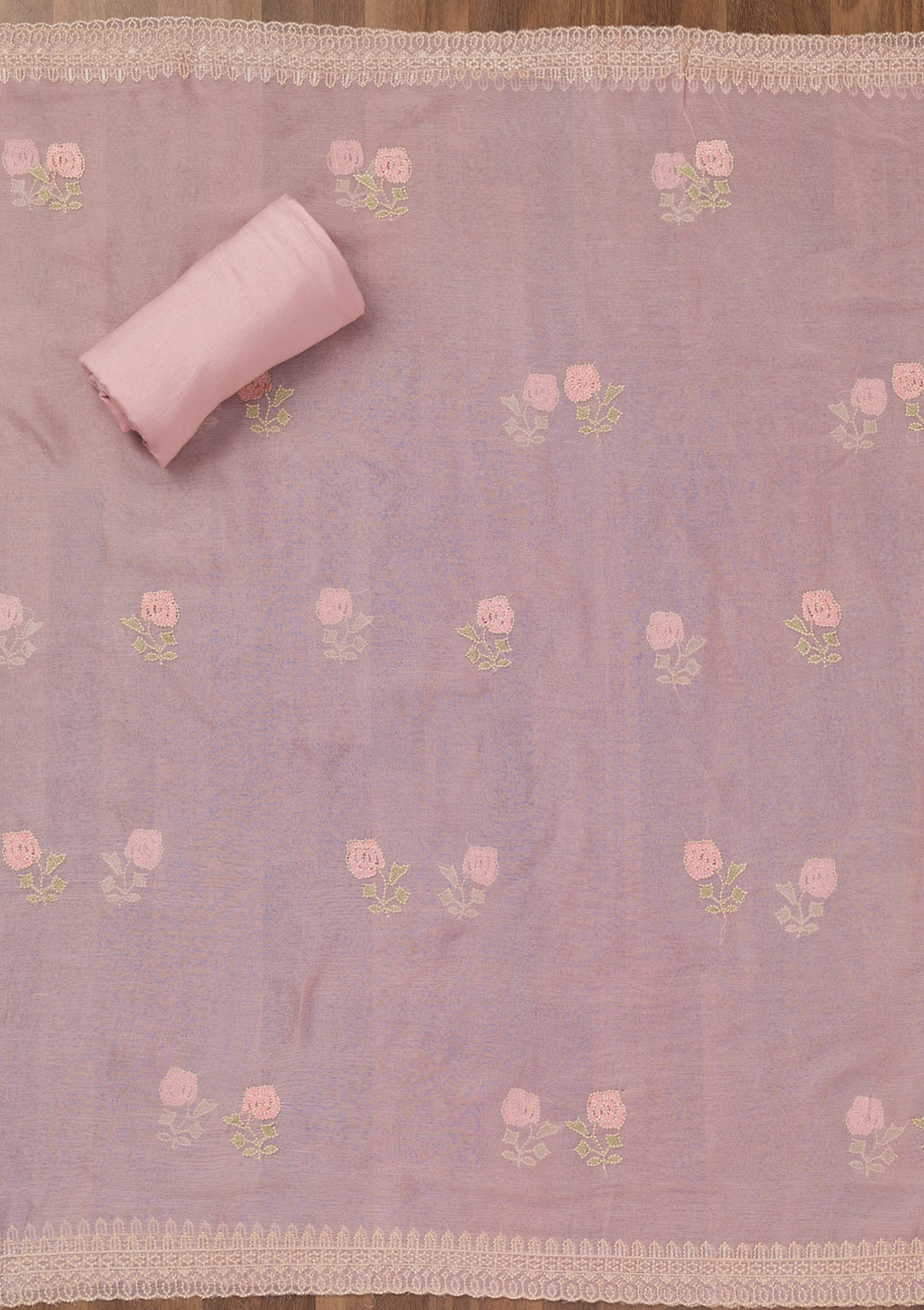 Pink Threadwork Tissue Unstitched Salwar Suit