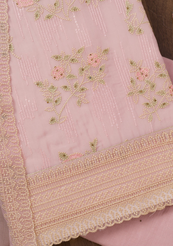 Pink Threadwork Tissue Unstitched Salwar Suit