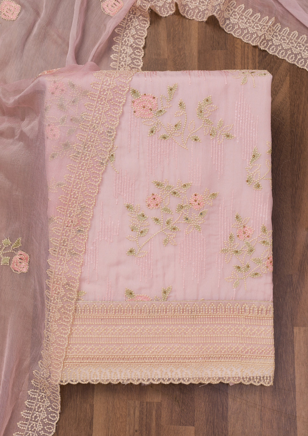 Pink Threadwork Tissue Unstitched Salwar Suit