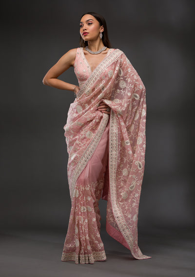 Pink Threadwork Organza Saree