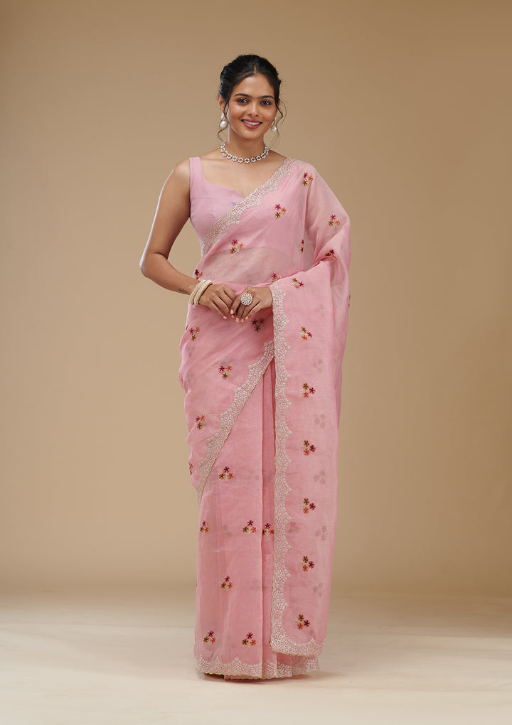 Pink Threadwork Tissue Saree