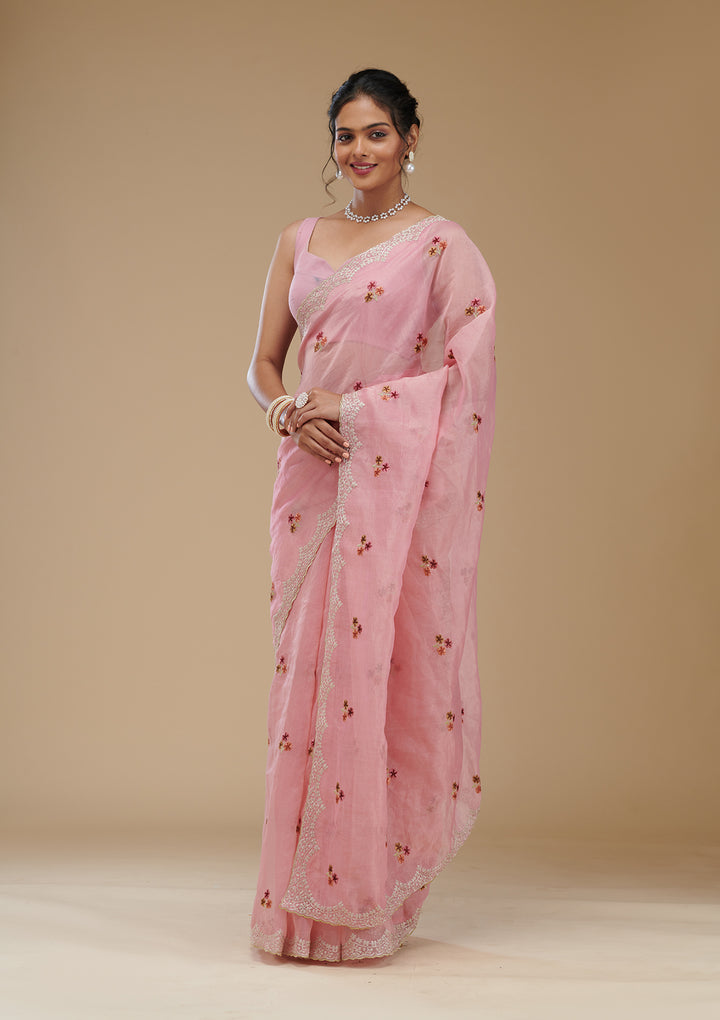 Pink Threadwork Tissue Saree