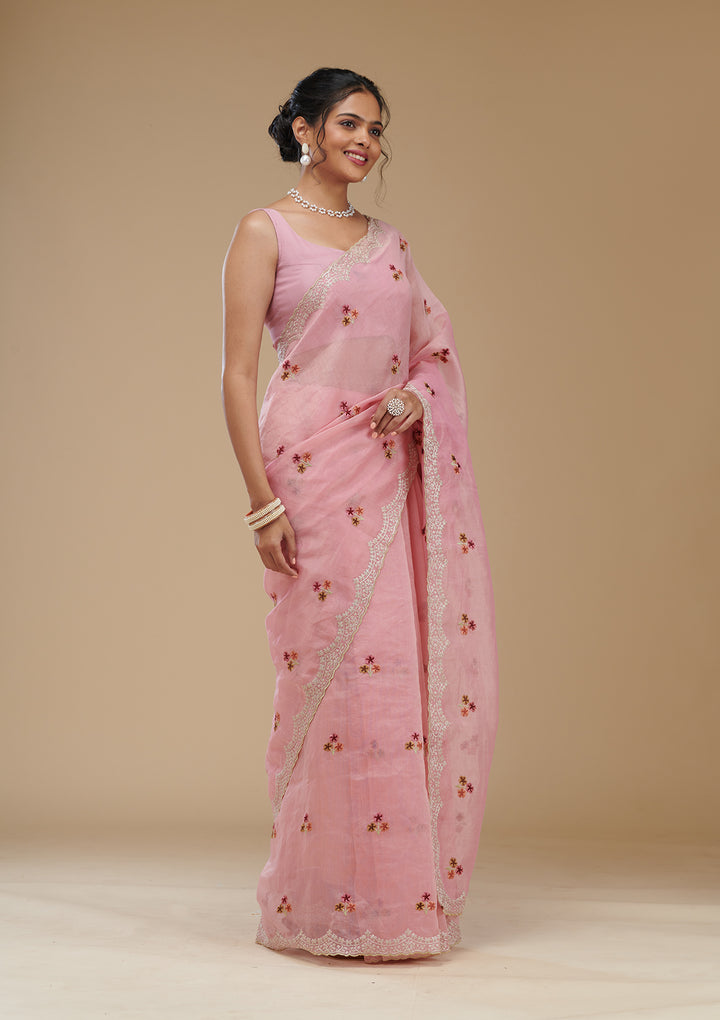 Pink Threadwork Tissue Saree