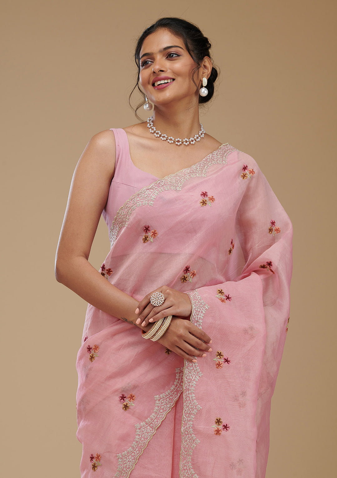 Pink Threadwork Tissue Saree