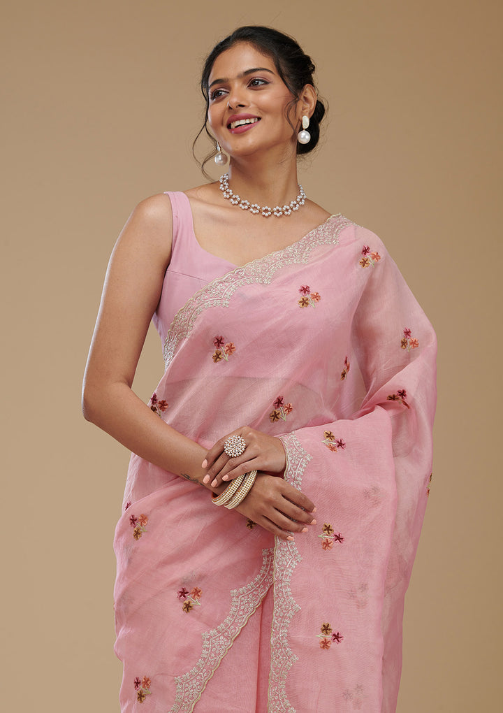Pink Threadwork Tissue Saree