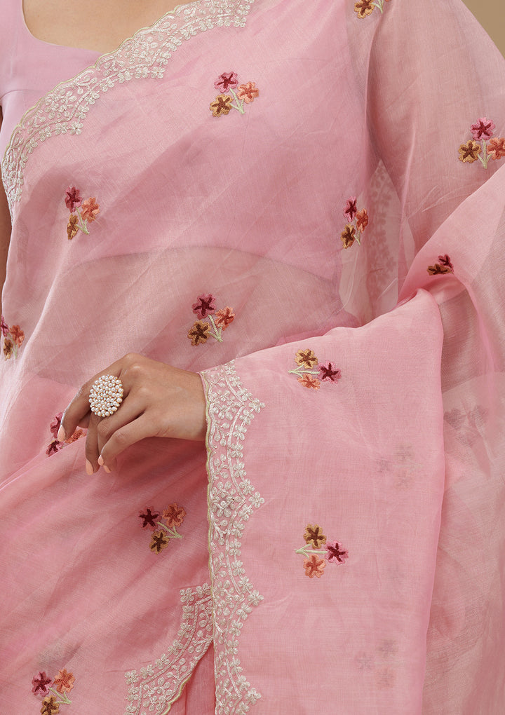 Pink Threadwork Tissue Saree