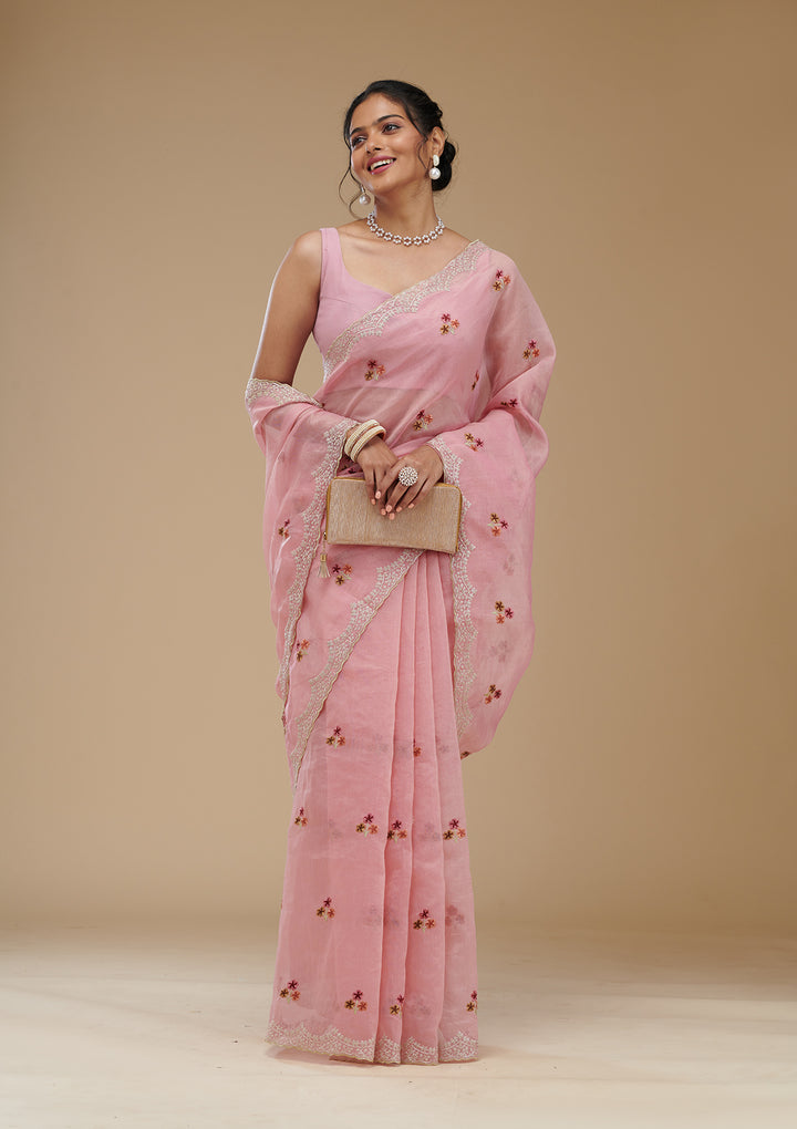 Pink Threadwork Tissue Saree