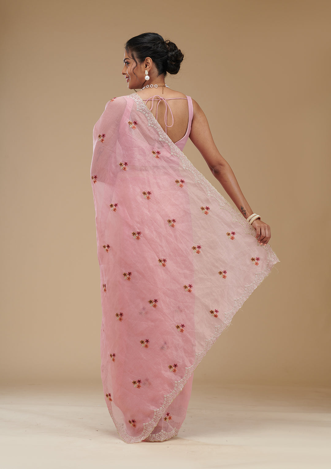 Pink Threadwork Tissue Saree