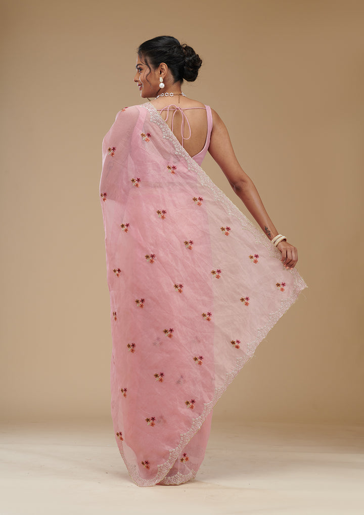 Pink Threadwork Tissue Saree