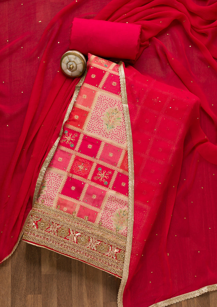 Pink Zariwork Art Silk Unstitched Salwar Suit-Koskii