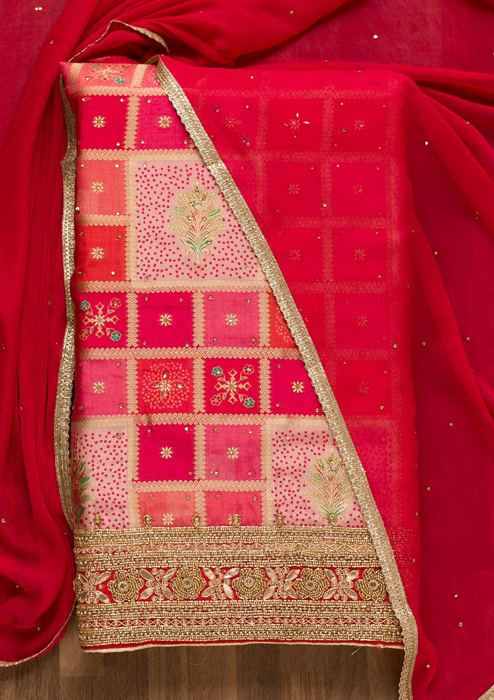 Pink Zariwork Art Silk Unstitched Salwar Suit