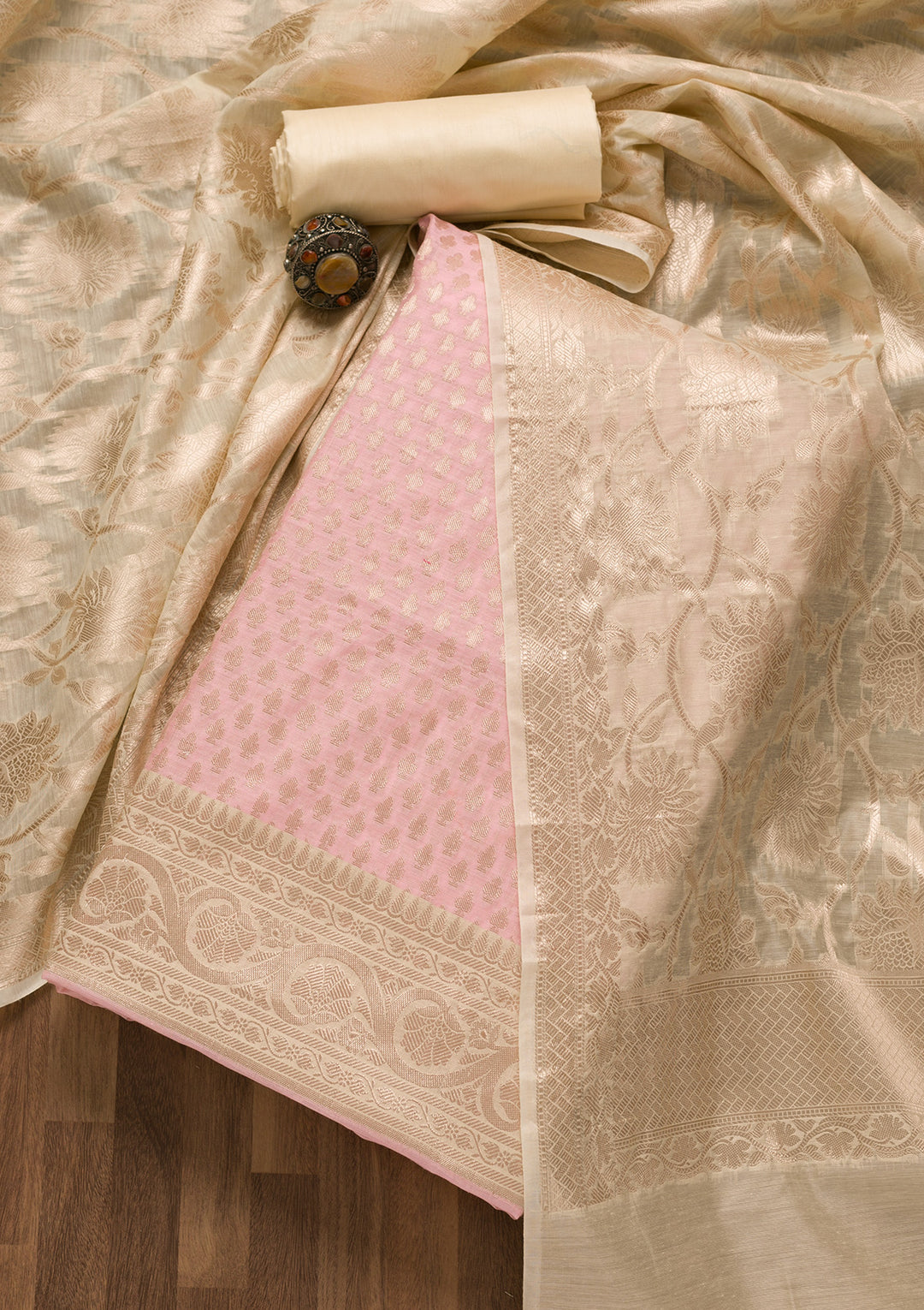 Pink Zariwork Banarasi Unstitched Salwar Suit-Koskii