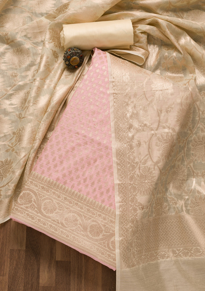 Pink Zariwork Banarasi Unstitched Salwar Suit-Koskii