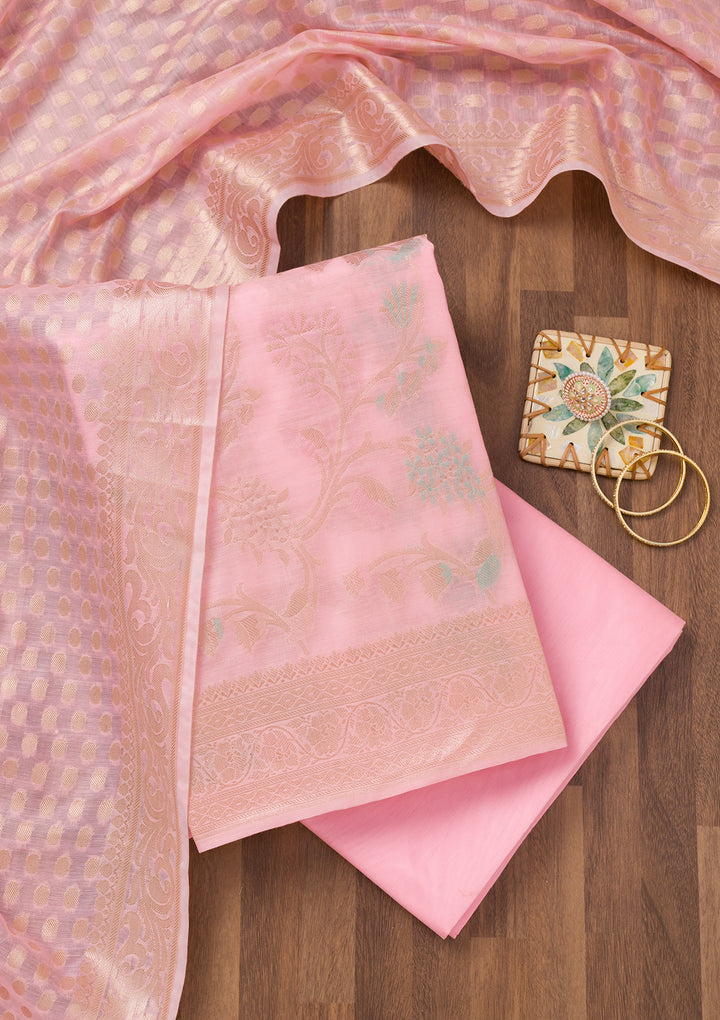 Pink Zariwork Banarasi Unstitched Salwar Suit