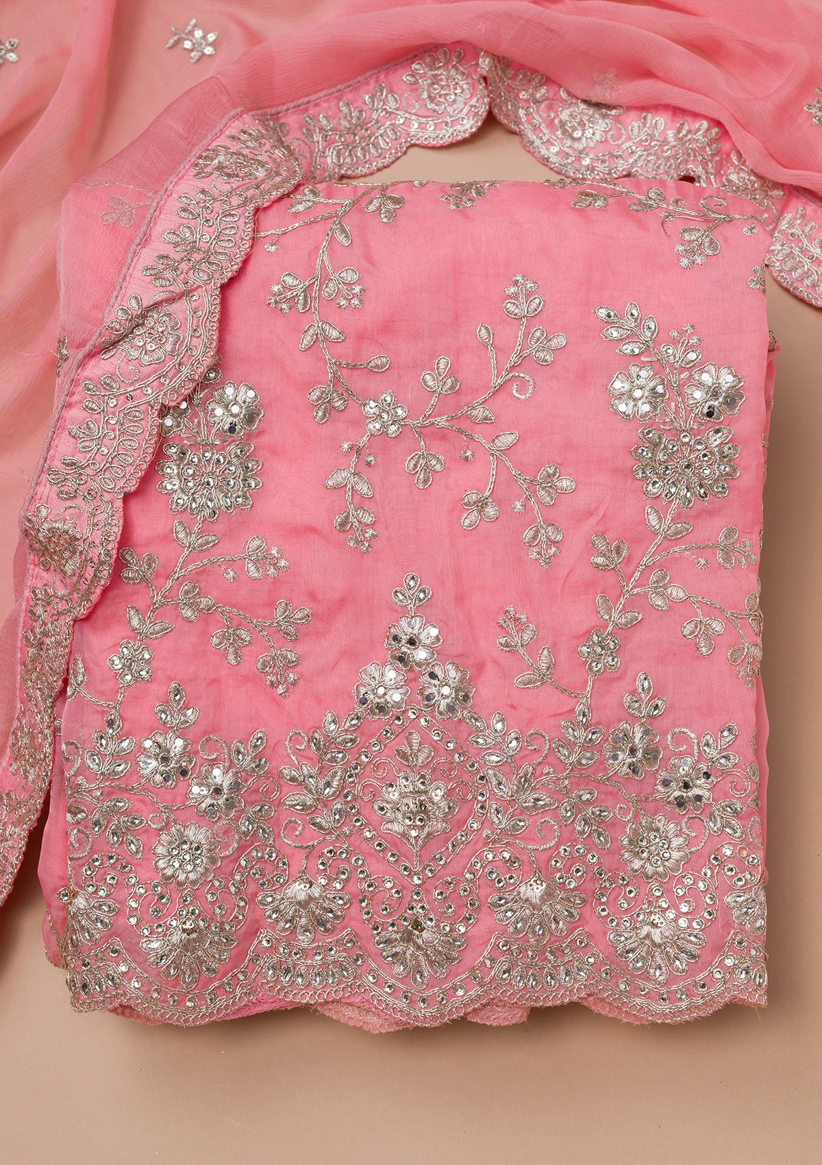 Pink Zariwork Crepe Unstitched Salwar Suit