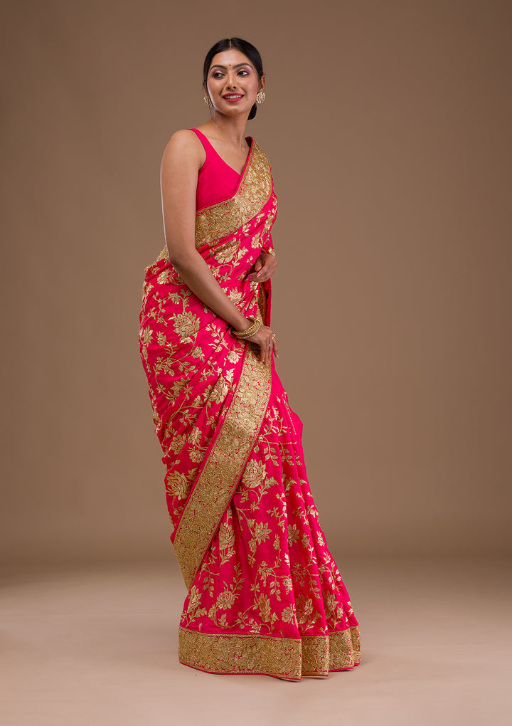 Pink Zariwork Crepe Saree