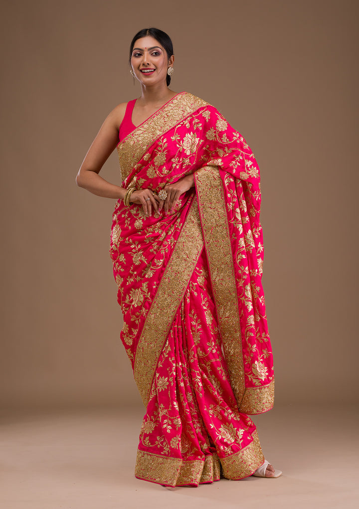 Pink Zariwork Crepe Saree