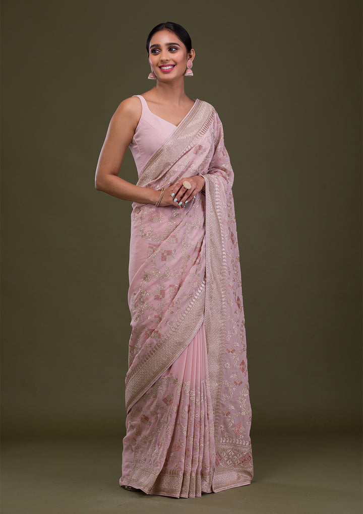 Pink Zariwork Georgette Saree