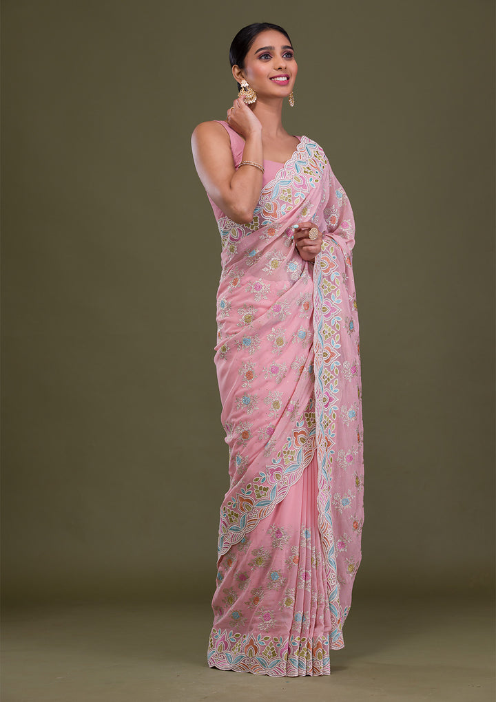 Pink Zariwork Georgette Saree