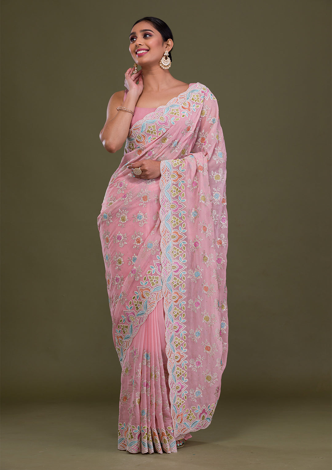 Pink Zariwork Georgette Saree