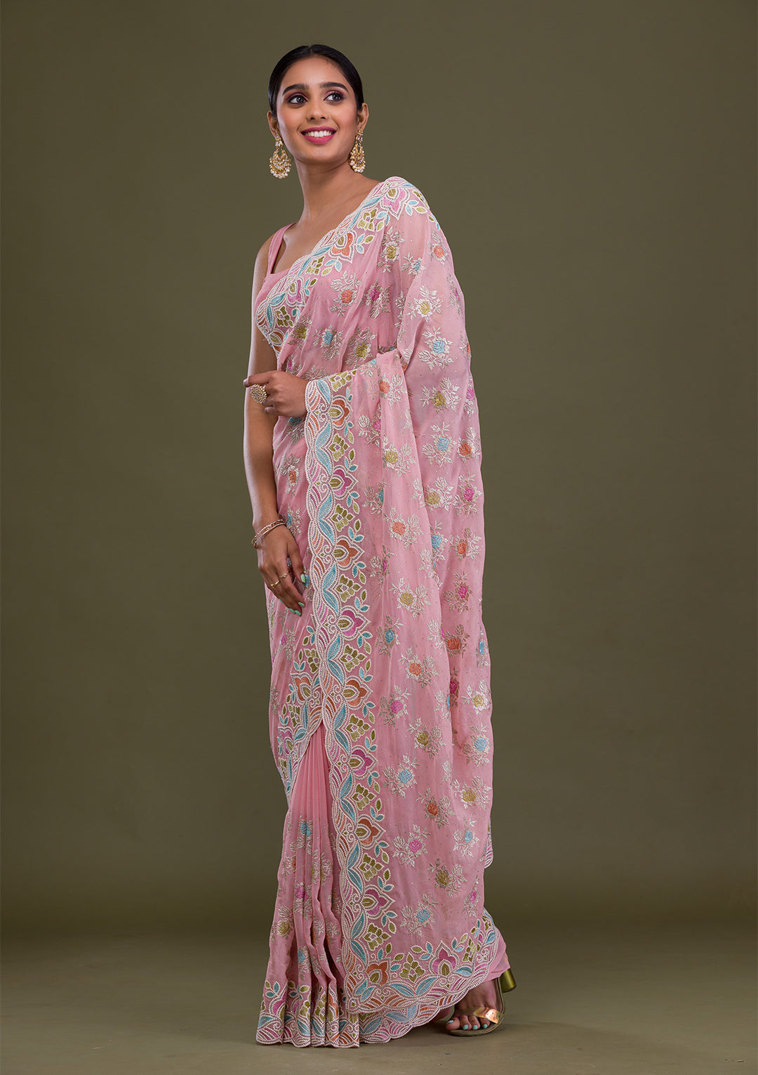 Pink Zariwork Georgette Saree