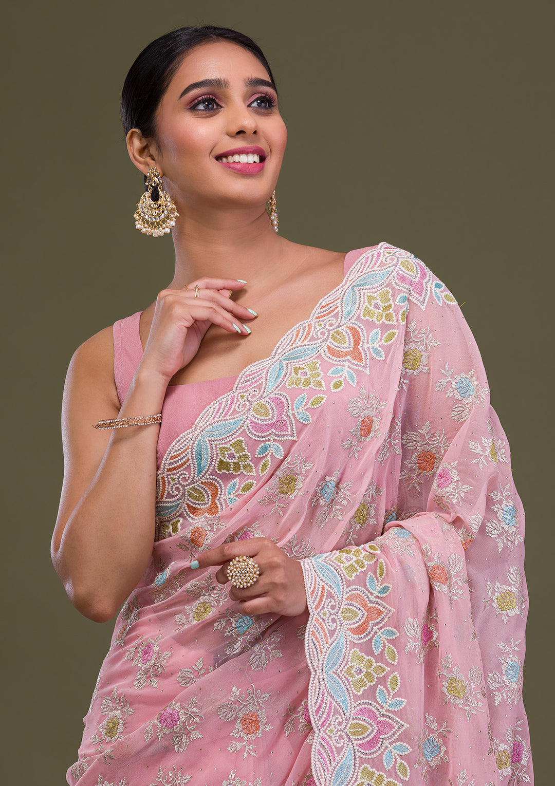 Pink Zariwork Georgette Saree