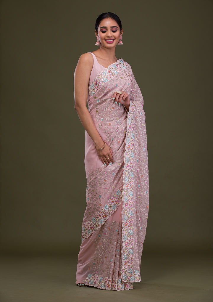 Pink Zariwork Georgette Saree