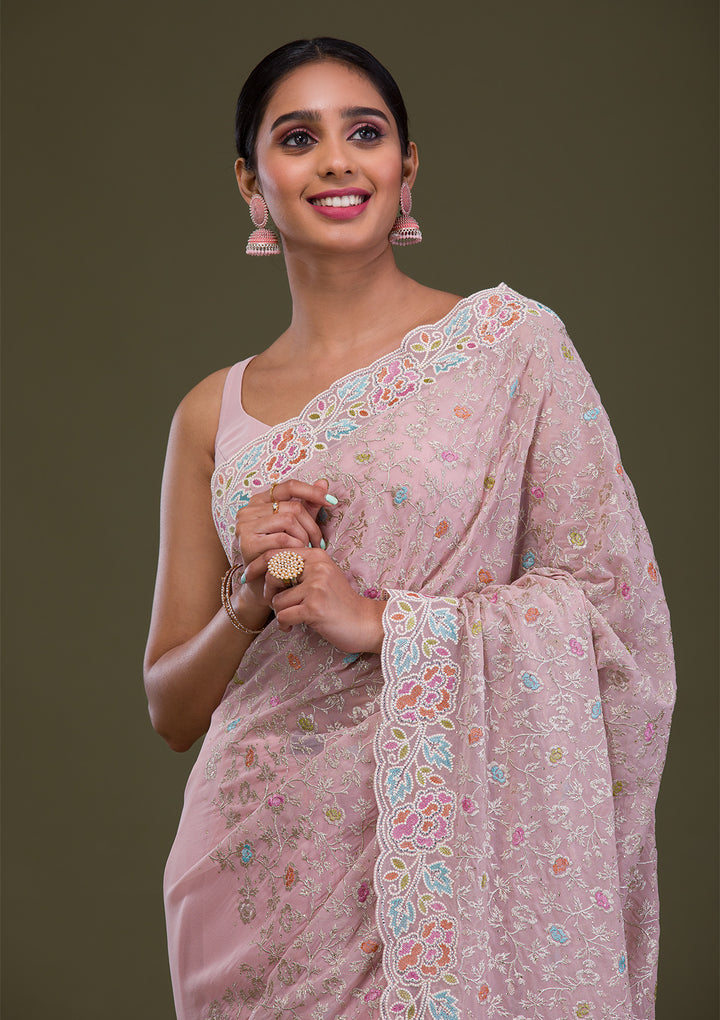 Pink Zariwork Georgette Saree