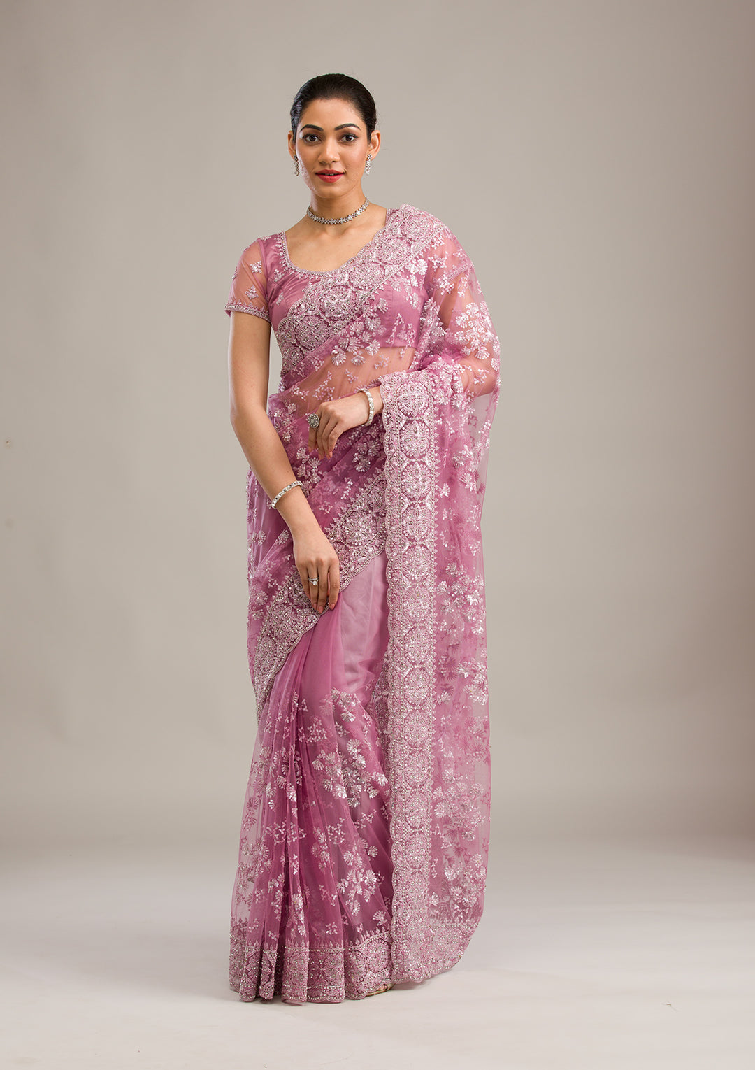 Pink Zariwork Net Saree