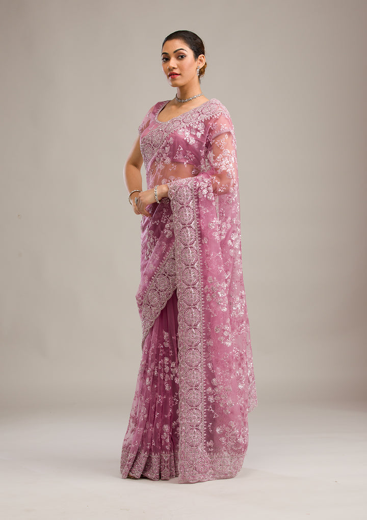 Pink Zariwork Net Saree