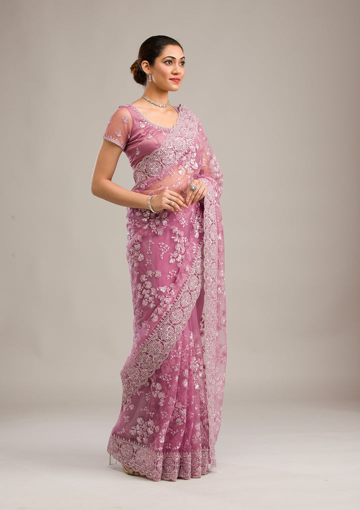 Pink Zariwork Net Saree
