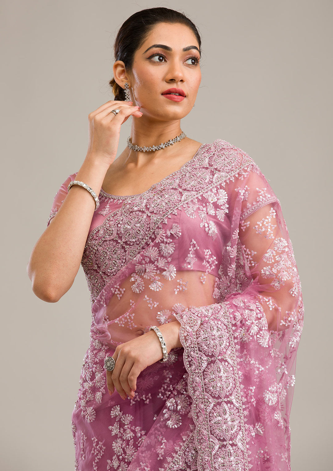 Pink Zariwork Net Saree