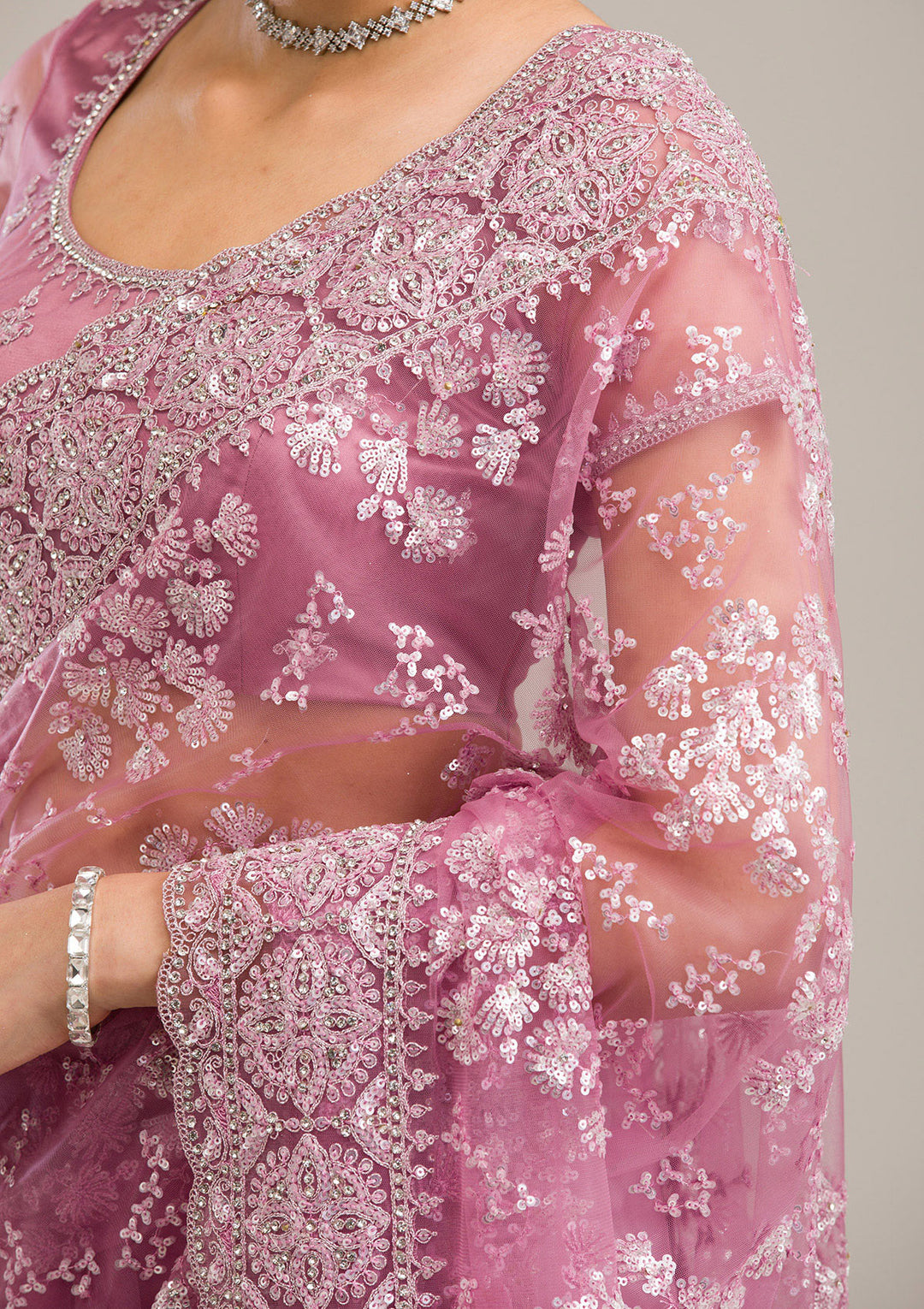 Pink Zariwork Net Saree