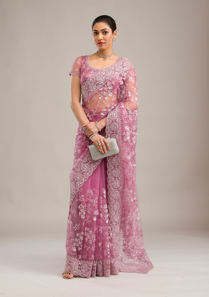 Pink Zariwork Net Saree