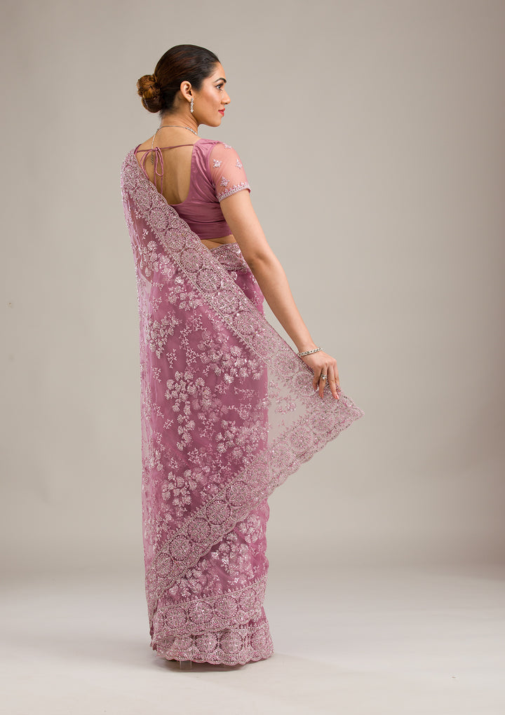 Pink Zariwork Net Saree