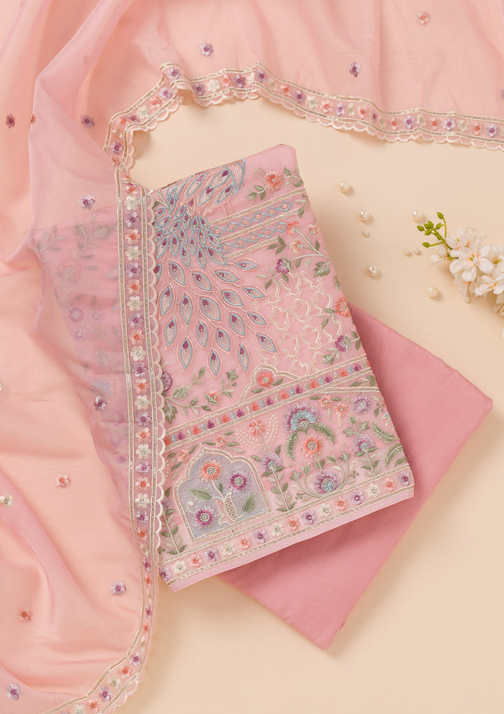Pink Zariwork Organza Unstitched Salwar Suit