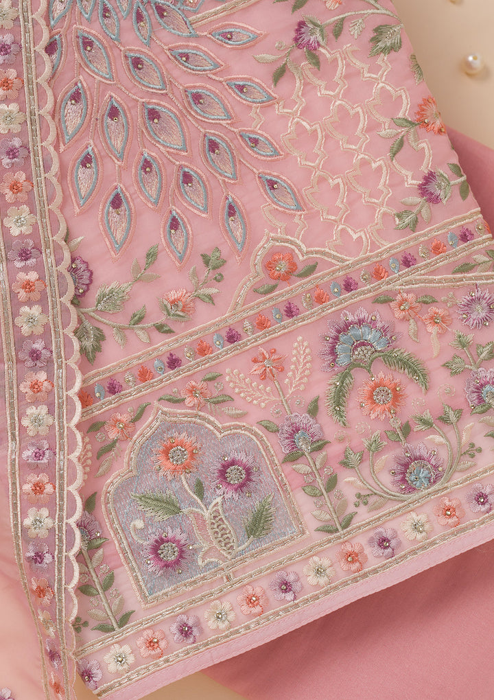 Pink Zariwork Organza Unstitched Salwar Suit