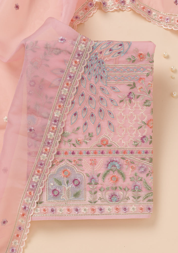 Pink Zariwork Organza Unstitched Salwar Suit