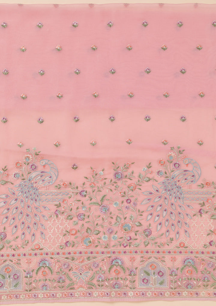 Pink Zariwork Organza Unstitched Salwar Suit