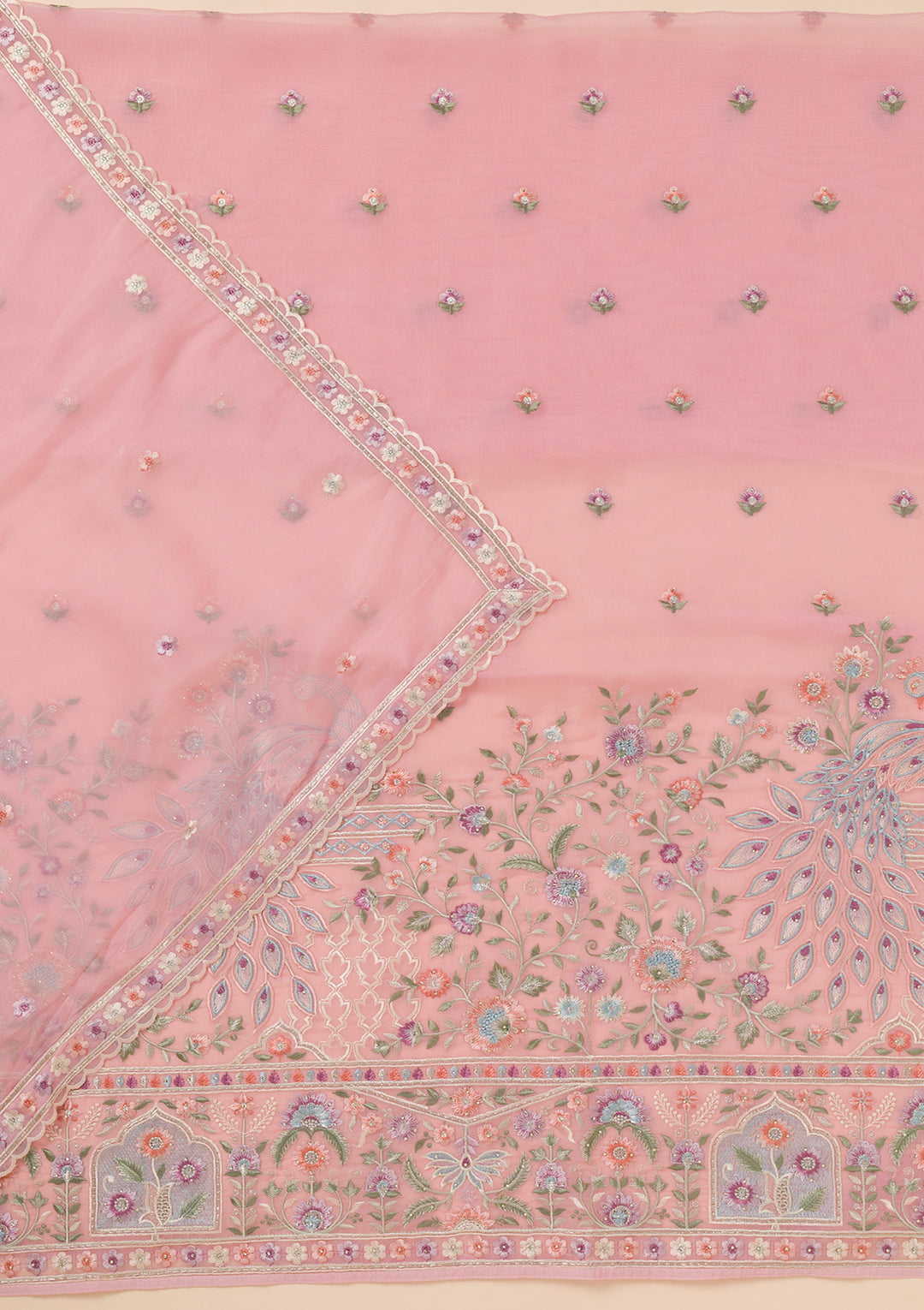 Pink Zariwork Organza Unstitched Salwar Suit