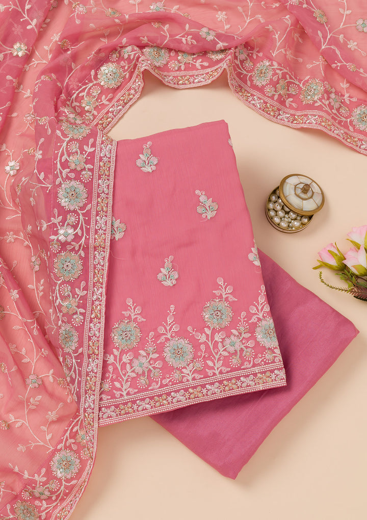 Pink Zariwork Organza Unstitched Salwar Suit