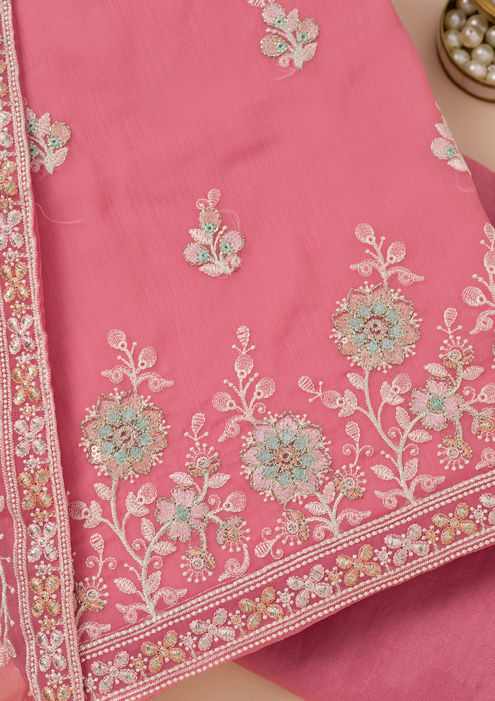 Pink Zariwork Organza Unstitched Salwar Suit