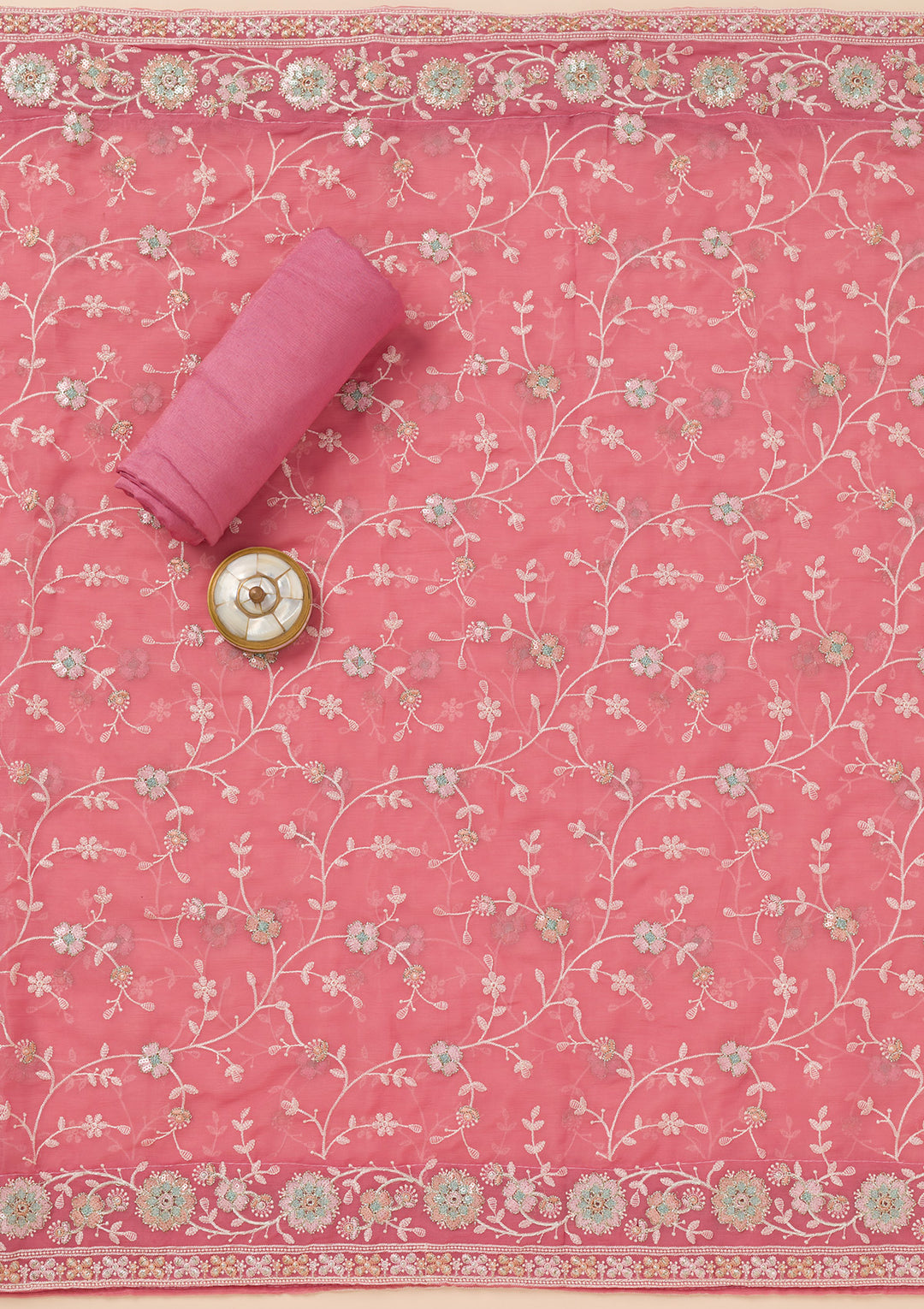 Pink Zariwork Organza Unstitched Salwar Suit